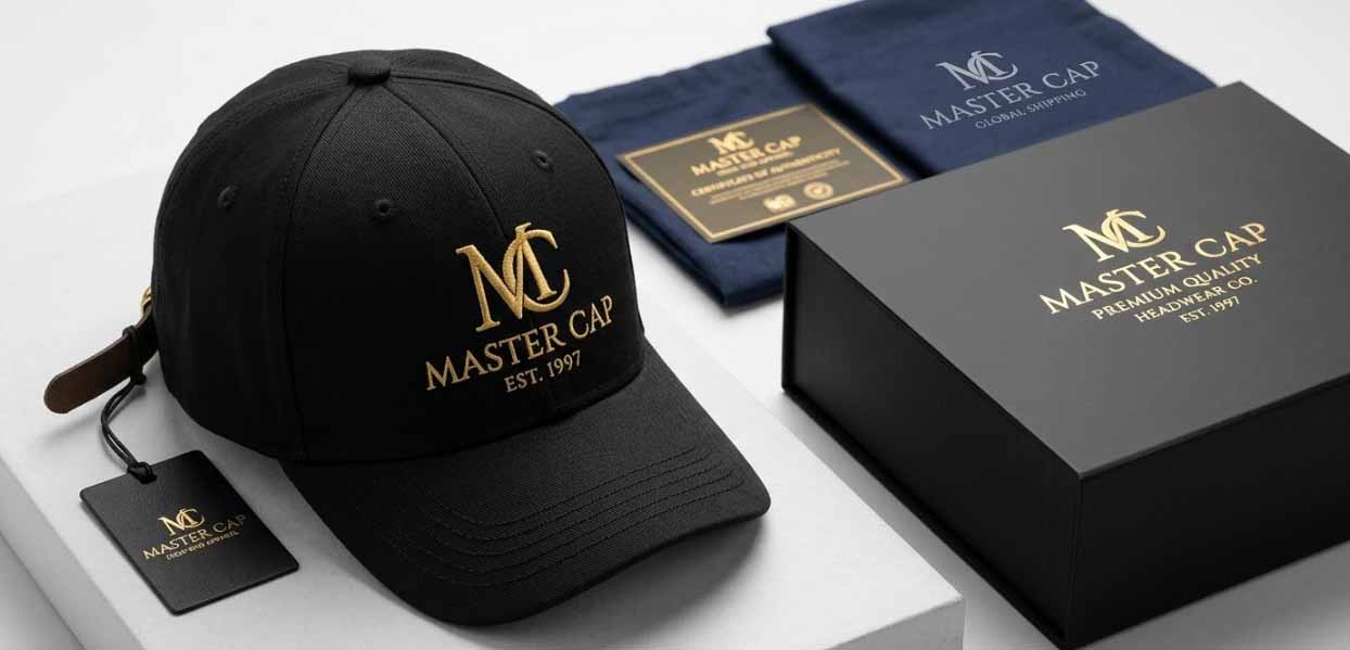 Premium custom black baseball cap with luxury presentation box