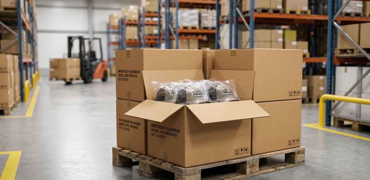 MasterCap standard outer cartons neatly stacked on pallets in warehouse
