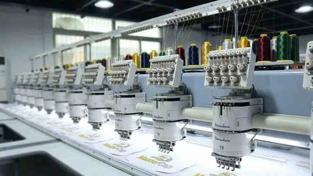 Advanced multi-head embroidery machines in operation at the MasterCap custom cap manufacturing facility