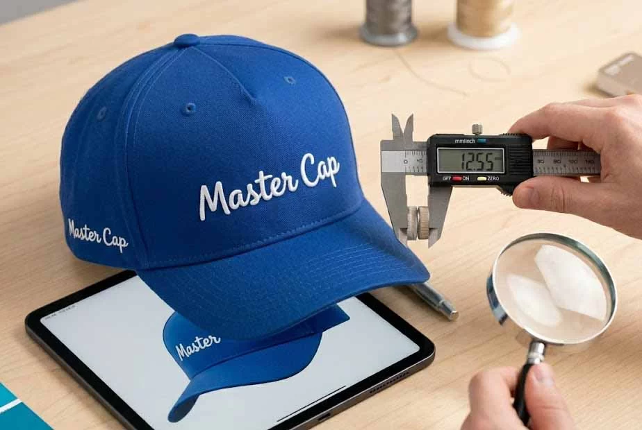 Comparing a physical custom cap sample with a digital mockup using a caliper to guarantee precision before bulk production