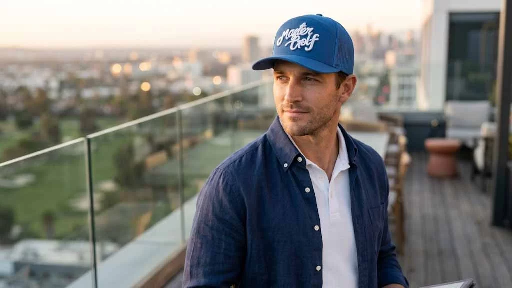 Lifestyle shot of model wearing a premium MasterCap custom blue trucker cap with 3D embroidery outdoors