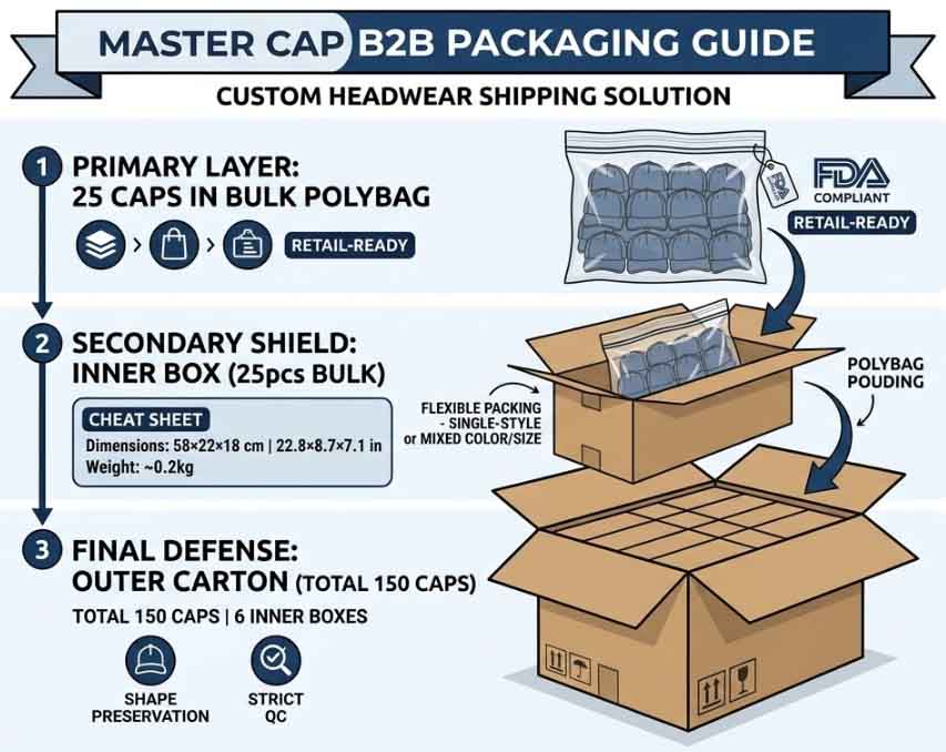 MasterCap comprehensive B2B headwear packaging infographic