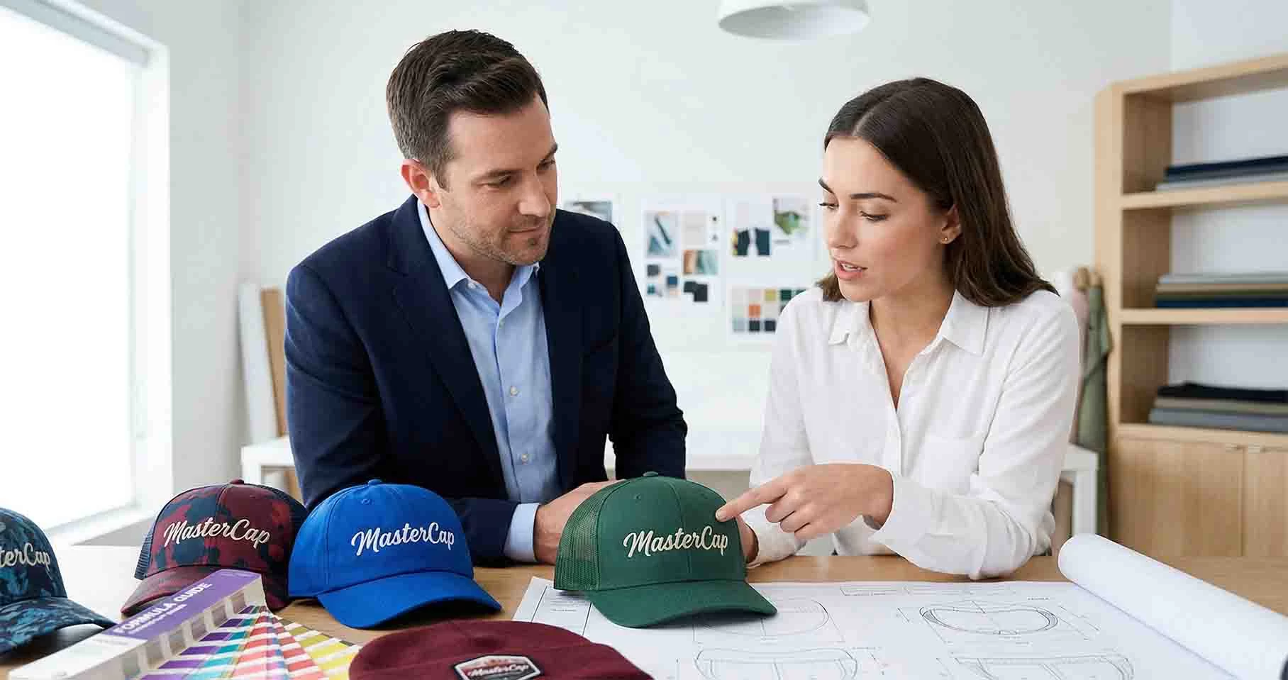 Professional B2B team reviewing custom cap designs and blueprints to ensure transparent sourcing without hidden fees