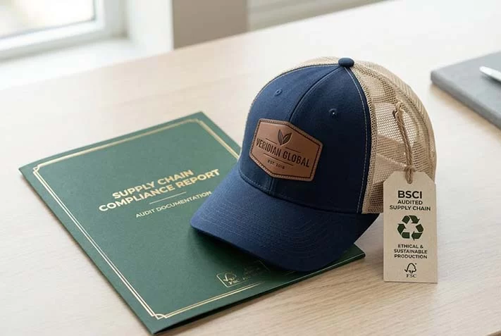 Custom trucker hat with BSCI audited and GRS certified compliance tags representing ethical manufacturing
