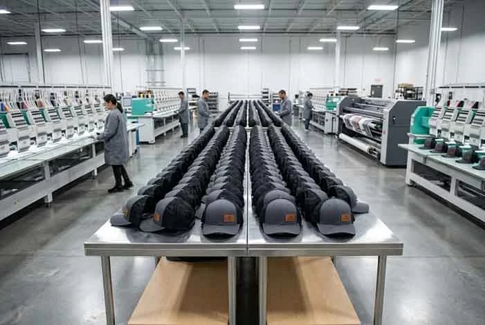 Neatly aligned rows of high-quality bulk custom trucker hats on a factory production line ready for packaging