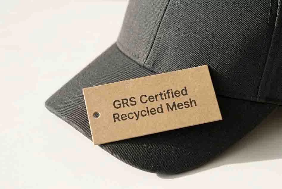 Eco-friendly custom cap made from charcoal grey RPET fabric with a GRS certified recycled material hangtag
