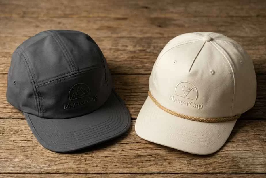 Editorial flat-lay photograph showing two premium retro-fit custom caps on a vintage wooden table: a charcoal grey 5-panel camper cap and a cream-colored vintage golf cap with tan braided rope.