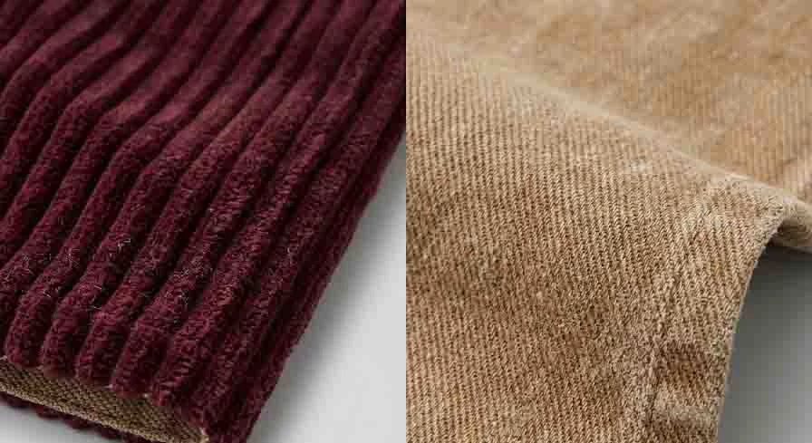 Hyper-detailed macro photograph showing two premium custom cap fabrics side-by-side: deep burgundy heavyweight corduroy and tan washed cotton twill with a distressed finish.