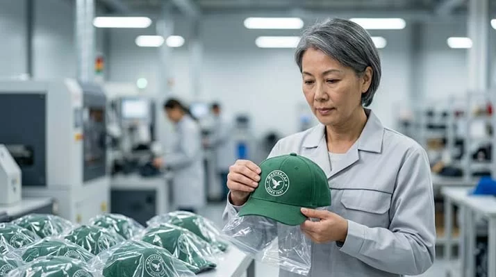 Professional quality control inspector examining a custom trucker hat in a modern manufacturing facility