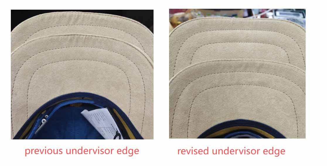 Before and after comparison showing MasterCap fixing wrinkled under-visor edges on custom hats