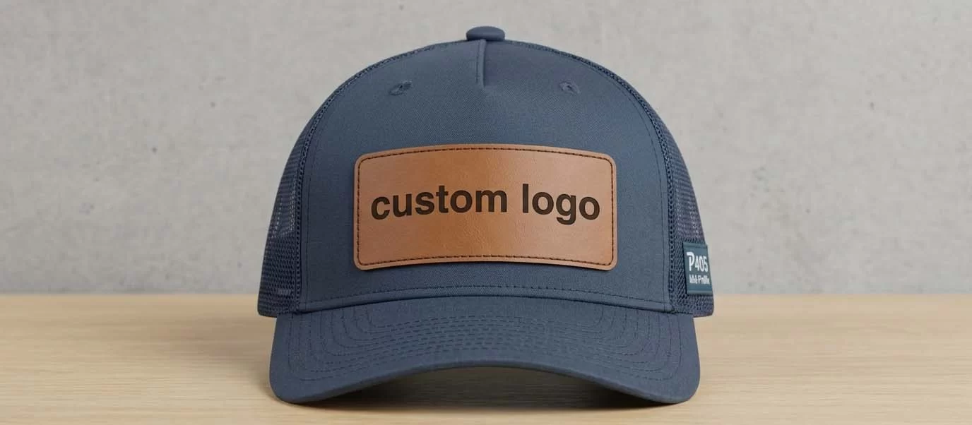 MasterCap P405 seamless 5-panel trucker hat ideal for large front embroidery or leather patch