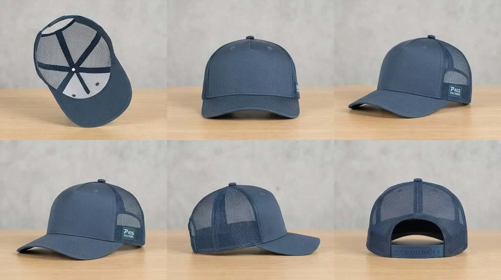 MasterCap P405 blank 5-panel trucker cap angles