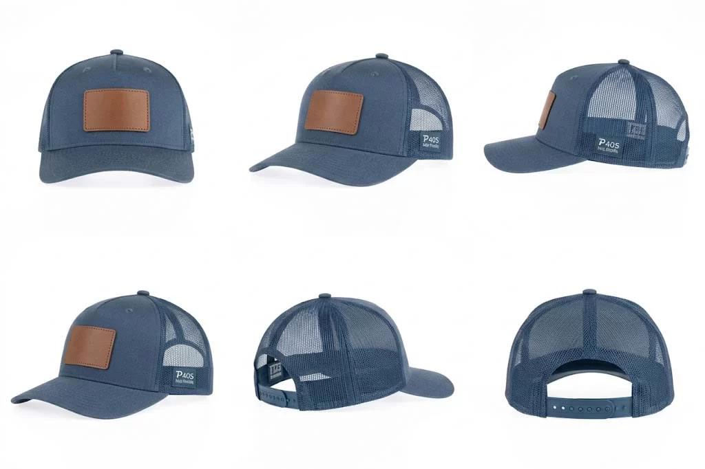 MasterCap P405 seamless front trucker hat with blank patch mockups