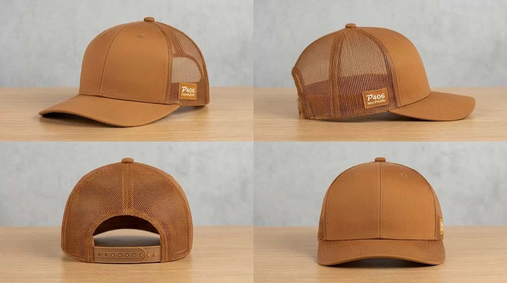 MasterCap P406 mid-profile 6-panel trucker hat equivalent to Yupoong 6606