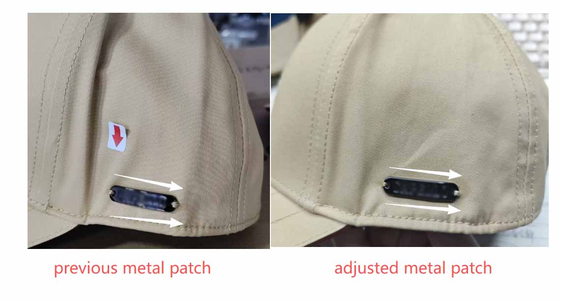 MasterCap quality control adjusting the height and alignment of metal logo patches on custom caps