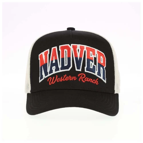 Custom black and ivory western trucker cap front view with 3D embroidery