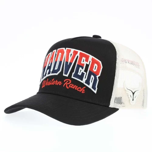 Custom black and ivory western trucker cap with 3D embroidery and rope trim